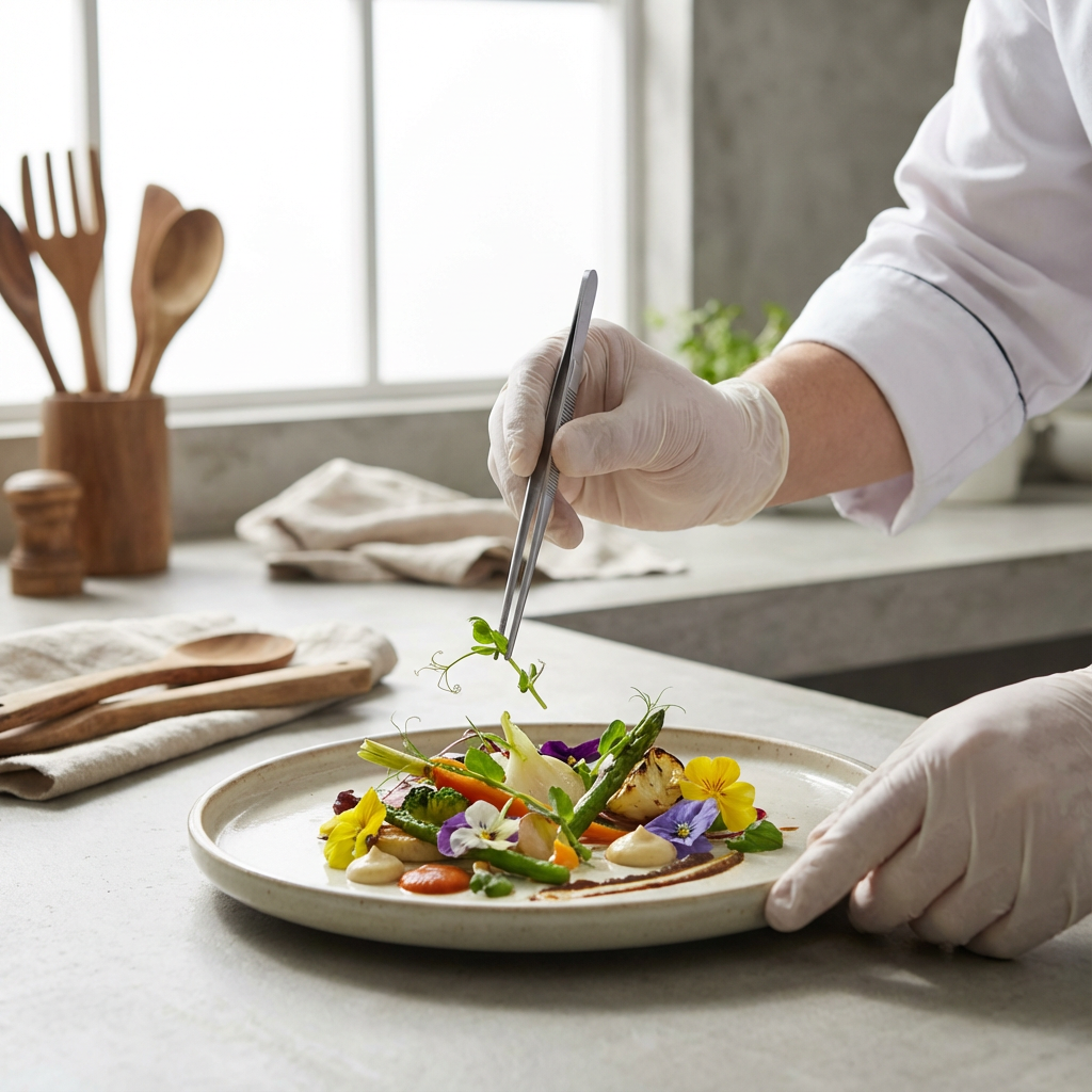 Jade in profile, working in a dimly lit kitchen with intense focus, turning away from the camera to prioritize the craft.