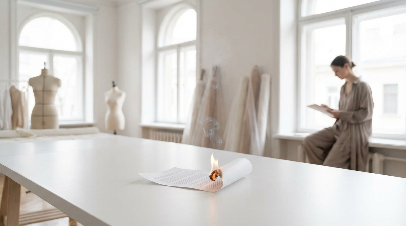 A deconstructed garment hanging like a sculpture, showing internal structure